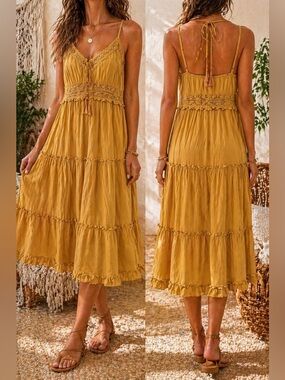 Ultra Flirt Mustard Boho Lace Trim Midi Dress NWT Size Medium Flowy Tiered